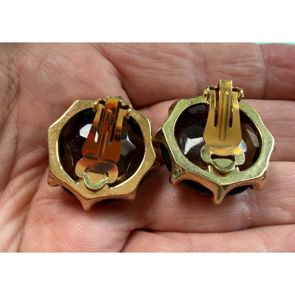 Vintage MCM Oversized Crown Prong Set Smoky Topaz Rootbeer Glass Brooch Earrings - Picture 7 of 7